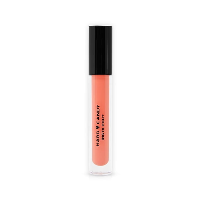 Hard Candy INSTA POUT Plumping Lip Gloss in a clear tube with black cap, featuring coral sheer gloss with plumping serum and hydrating fruit extracts for shiny, volumized lips, ideal for wearing alone or over lipstick.