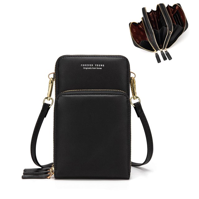 Small Crossbody Cell Phone Purse for Women, Mini Messenger Shoulder Handbag Wallet with Credit Card Slots,Black
