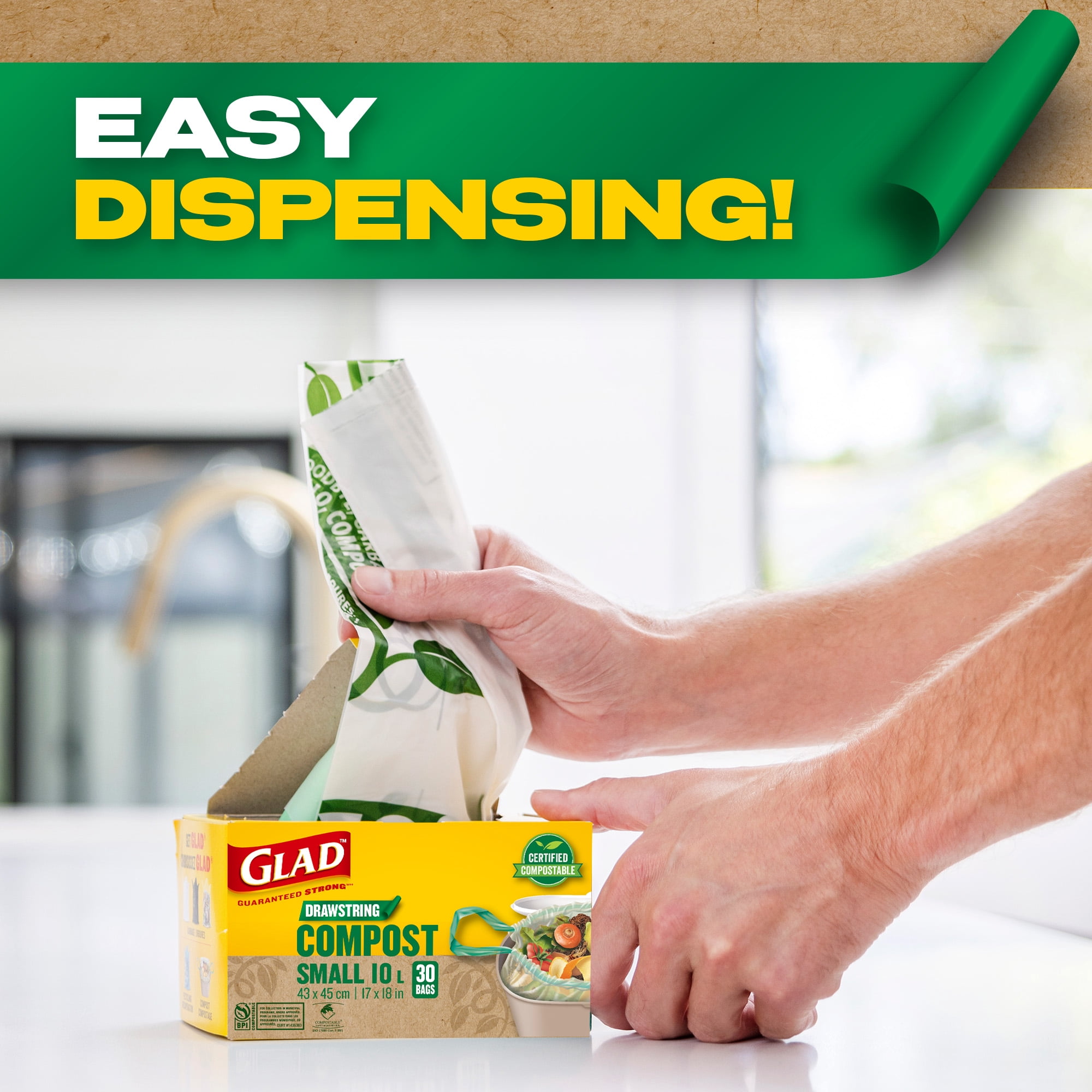 Glad Certified Compostable Drawstring Bags - Small 10 Litres - Drawstring, 30 Compost Trash Bags -