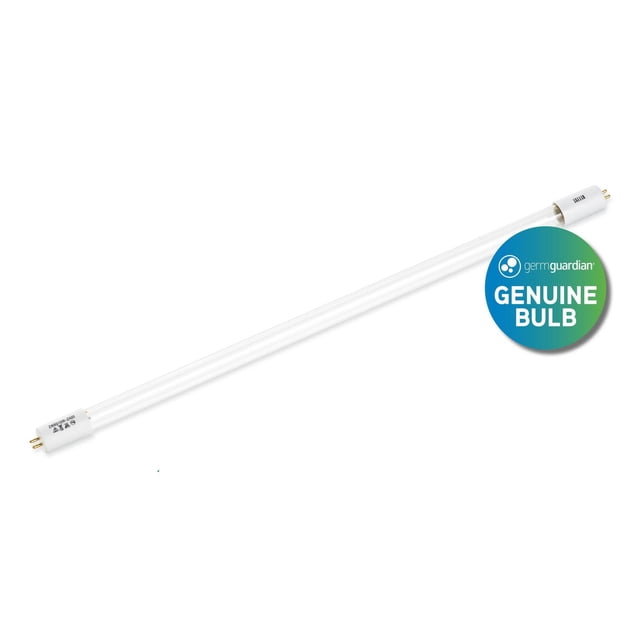 GermGuardian Air Purifier GENUINE UV Replacement Bulb LB5000, an 8-watt UV-C specialty light bulb with white end caps and dual gold pins on each end, designed to kill 99% of airborne bacteria, viruses, and mold spores without chemicals or ozone, shown on a white background with a GermGuardian Genuine Bulb logo. Suitable for GermGuardian AC5000BCA and AC5250PTCA models.