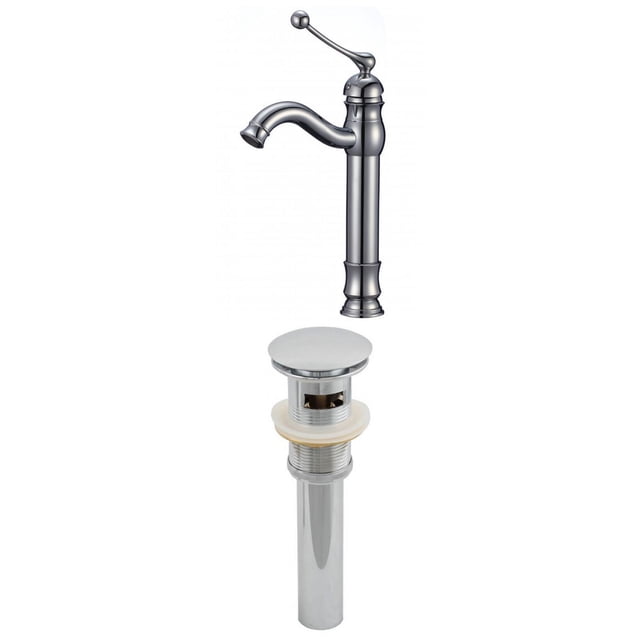 American Imaginations 2.6-in. W Bathroom Faucet Set Chrome AI-2045 with a traditional chrome deck mount faucet featuring a curved spout and single lever handle, paired with a matching chrome bathroom sink drain with overflow, made of stainless steel and lead-free brass for above-counter installation.