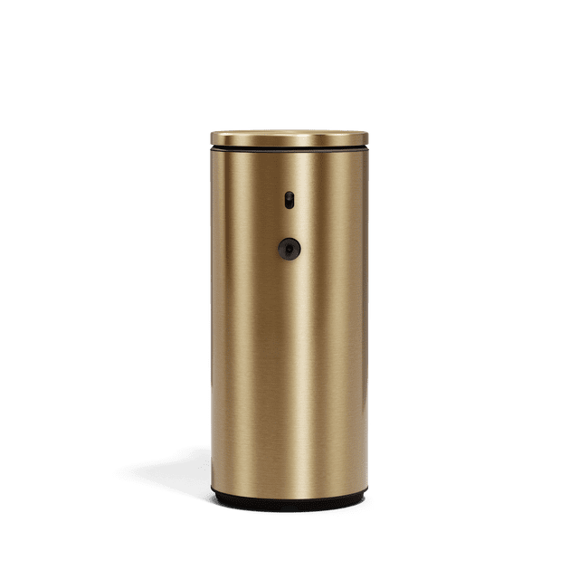 Simplehuman 9 oz. Rechargeable Liquid Sensor Soap Pump, High-Grade Brass Stainless Steel front-facing view of a brushed brass stainless dispenser with touch-free sensor, slim spout, wide refill lid, silicone no-drip valve and rechargeable base; QR code under lid visible. Works with hand sanitizer and is often used as a countertop sanitizer dispenser.