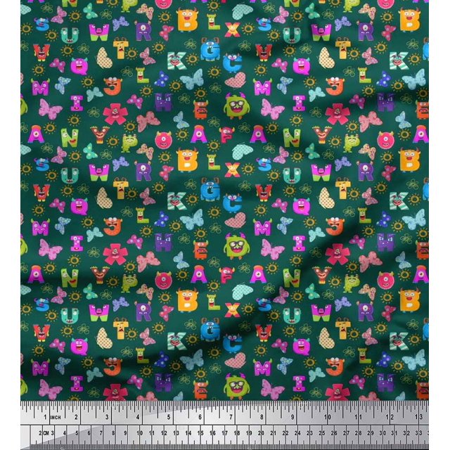 Soimoi Green Cotton Duck Fabric Insect,Sun & Cartoon Alphabets Text Print Sewing Fabric BTY 56 Inch Wide