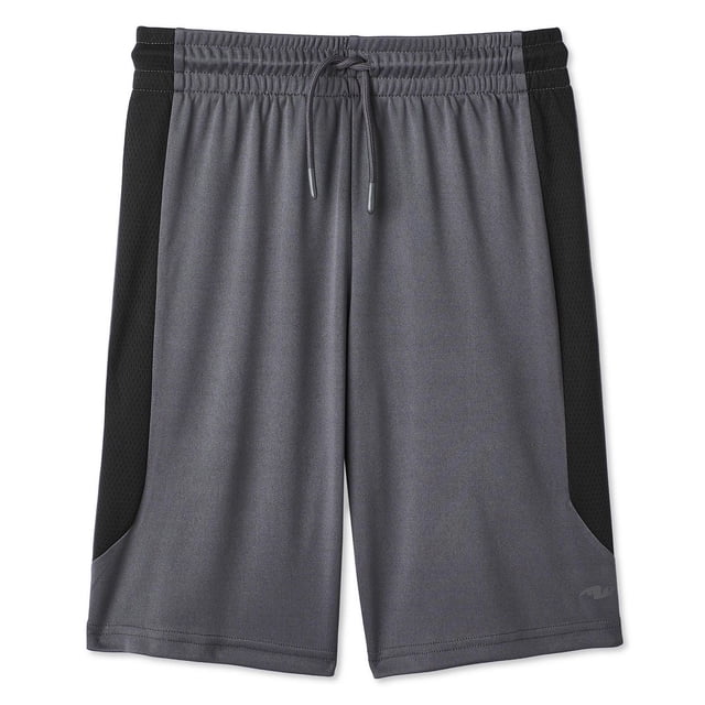 Athletic Works Boys' Knit Active Short in grey with black breathable side panels, made from 100% recycled polyester interlock knit fabric featuring DRI-MORE moisture-wicking technology, elasticized waistband with drawstring, and relaxed fit for sports or casual wear.