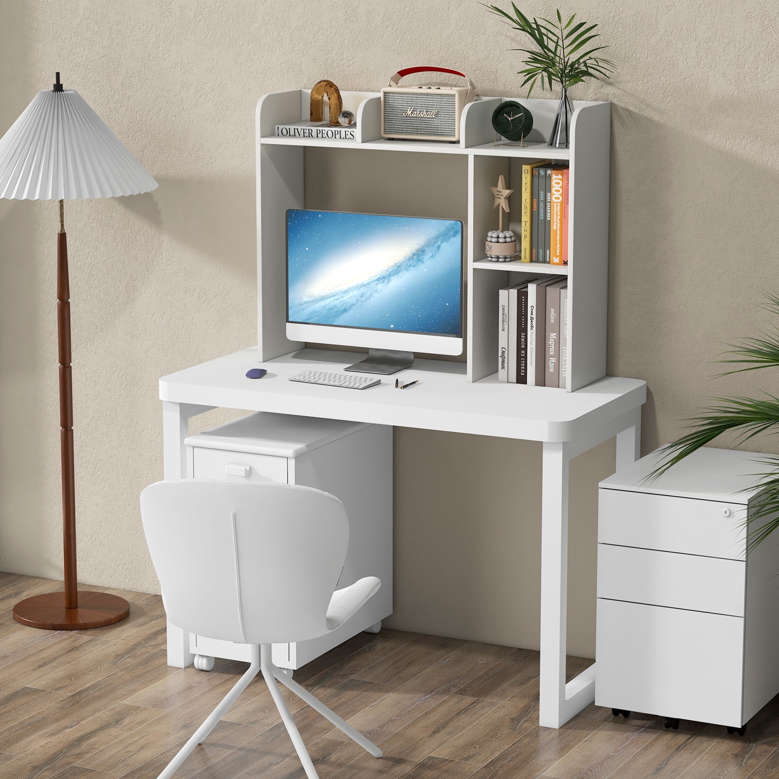 Giantex Desk Bookshelf, Wood Desk Hutch w/5 Shelves, Computer Table Display Rack, Organizer Shelf for Dorm Office Home, White