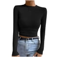 thumbnail image 1 of Penkiiy Womens Fall Long Sleeve Stretch Slim Round Neck Ribbed Basic Shirts M Black, 1 of 9