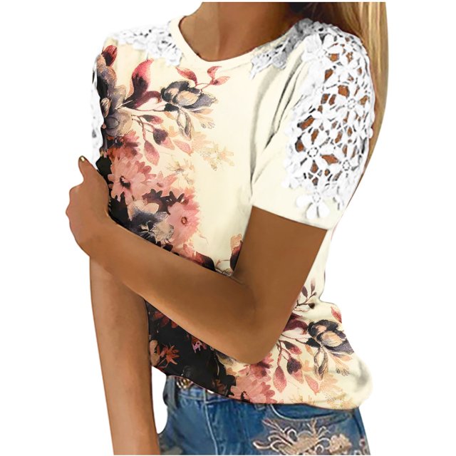 XZNGL T-Shirts d'Été pour Femmes Femmes Été Col Rond Imprimé Floral T-Shirts en Dentelle Blouses Confortables pour Femme Hauts Femmes T-Shirts Été T-Shirts pour Femmes pour l'Été Hauts et Blouses pour Femmes Été