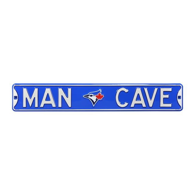 Authentic Street Signs Toronto Blue Jays Man Cave wall sign featuring a bold blue background with embossed white lettering and the Blue Jays logo in the center. Made from heavy-duty 18-gauge steel with automotive enamel paint for durability. Measures 6 inches high by 36 inches wide, ideal for wall décor in game rooms or man caves.