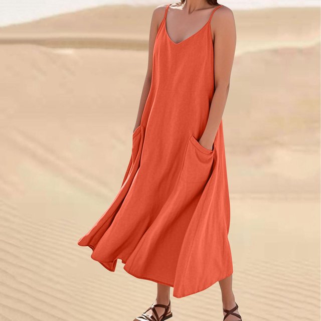 Liquidation Horkkom Robe Maxi pour Femmes Col en V Couleur Unie Robes d'Été Décontractées Sans Manches Robe de Plage Vacances avec Poches TTG