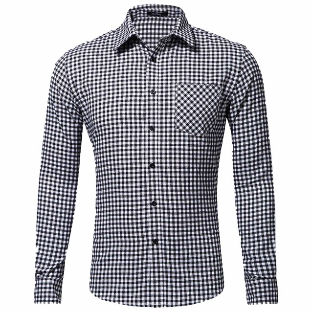 Pompotops Homme Automne Décontracté Coupe Ajustée Manches Longues Col Rabattu à Carreaux Poche Haut Blouse Chemise en Solde