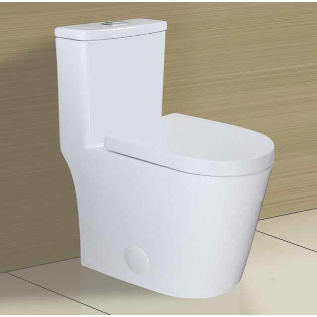 WinZo WZ5089 Compact One Piece Toilet in white with a short round bowl and dual flush system. The sleek design measures only 23 inches in depth, ideal for small bathrooms or powder rooms. Features a double cyclone flushing system with 0.8 gallons for half flush and 1.6 gallons for full flush, promoting water efficiency. Includes a concealed trapway, soft-closing seat, and easy installation with side holes for floor bolts. Shown against a light wood-textured wall and tiled floor.