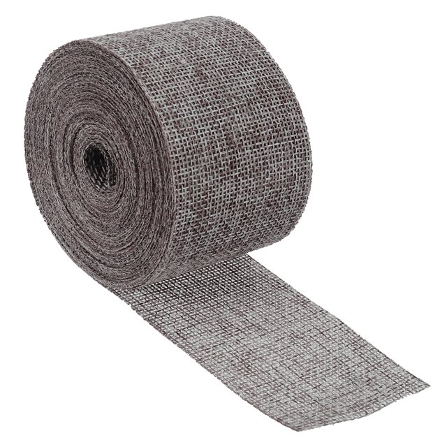 Unique Bargains 2 Inch x 11 Yards Jute Crafts Party Wrapping Decoration Burlap Fabric Ribbon in gray, displayed as a roll with a textured burlap surface. Perfect for craft projects, package decoration, flower arrangements, DIY sewing, and wine bottle wrapping.