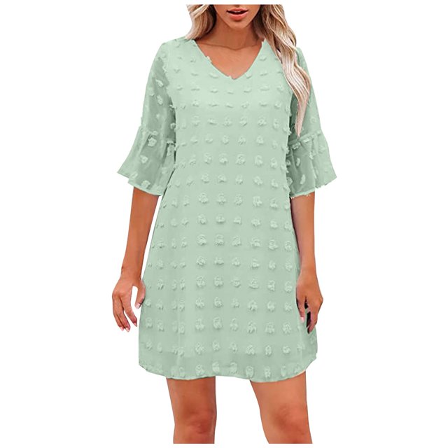Cameland Robe d'Été pour Femmes, Couleur Unie, Col en V, Chiffon à Pois, Manches Courtes, Col en V