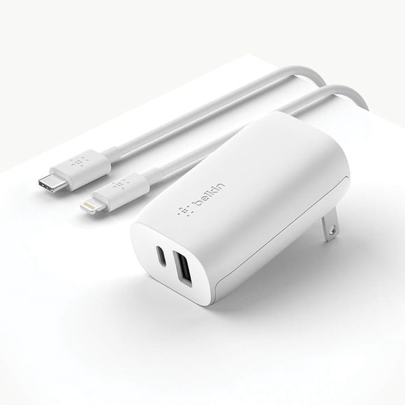 Belkin Chargeur Mural USB-C 32 W Câble C vers C Inclus PD avec Ports USB-C 20 W et USB-A 12 W pour Power Delivery USB-C