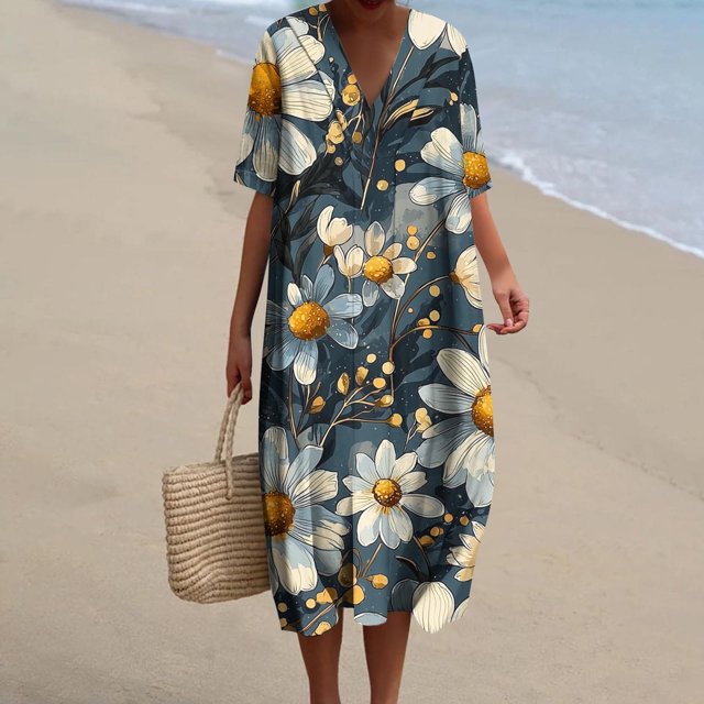 Ovzne Robes Grande Taille pour Femmes Pulpeuses Robe de Plage Femmes Été Poches Robes Imprimées Ample Col en V Manches Courtes Robes Grande Taille Robe Manches Courtes Imprimée Liquidation