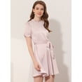 thumbnail image 3 of INSPIRE CHIC Robe Satinée à Manches Courtes Bouffantes pour Femme, Col Montant à Volants, Taille à Nouer, Rose, P, 3 of 5