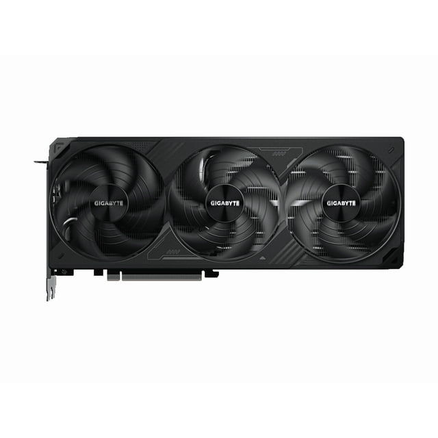 Gigabyte NVIDIA GeForce RTX 5080 WINDFORCE SFF Overclocked Triple Fan 16GB GDDR7 PCIe 5.0 Graphics Card V-N5080WF3OC-16GD front-centered view of the compact GPU with three axial fans and matte black shroud; exposed aluminum heat sink fins, visible 16-pin power connector and compact PCB; GIGABYTE logo on fan hub; Small Form Factor Ready, often used in mini-ITX gaming or creator builds.