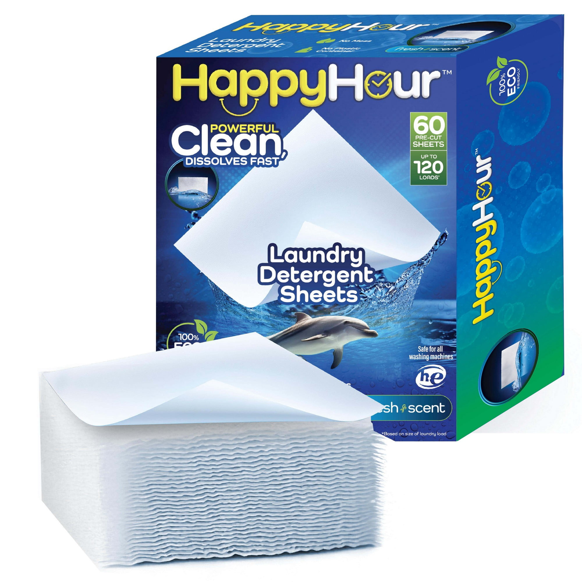 Happy Hour Laundry Detergent Sheets Eco Friendly Color Safe 60 Sheets 120 Loads Fresh Scent