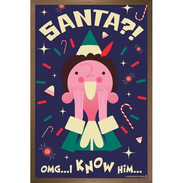 Elf - Affiche Murale « I Know Him », 14,725 Po x 22,375 Po Encadrée, Représentant un Elf de Dessin Animé Orienté vers l'Avant avec un Visage Rose, des Cheveux Bruns Bouclés, Tenue Verte et Crème, et un Chapeau Vert avec une Plume Rouge. le Fond Bleu Foncé Présente des Cannes de Bonbon, des Confettis Rouges et Verts, des Étoiles et des Morceaux de Bonbon. le Texte Crème Lit « Santa?! » en Haut et « OMG... Je le Connais... » en Bas.