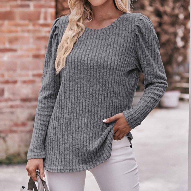 Yuyuzo Womens Round Neck Ruffle Shoulder Long Sleeve Striped Solid Color Tops Fall Casual Tops