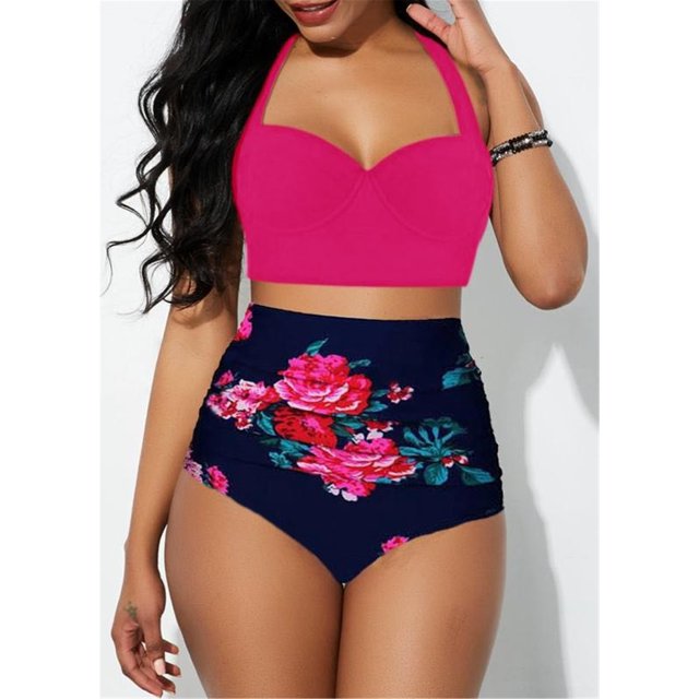 EYIIYE Women Flower Print Bikini Set High Waist Swimming Suits