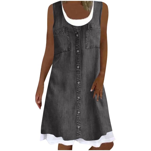FAIWAD Robe Boutonnée pour Femmes Col Ras du Cou Sans Manches Robe Trapèze Filles Été Décontractée Ample Midi Robe d'Été