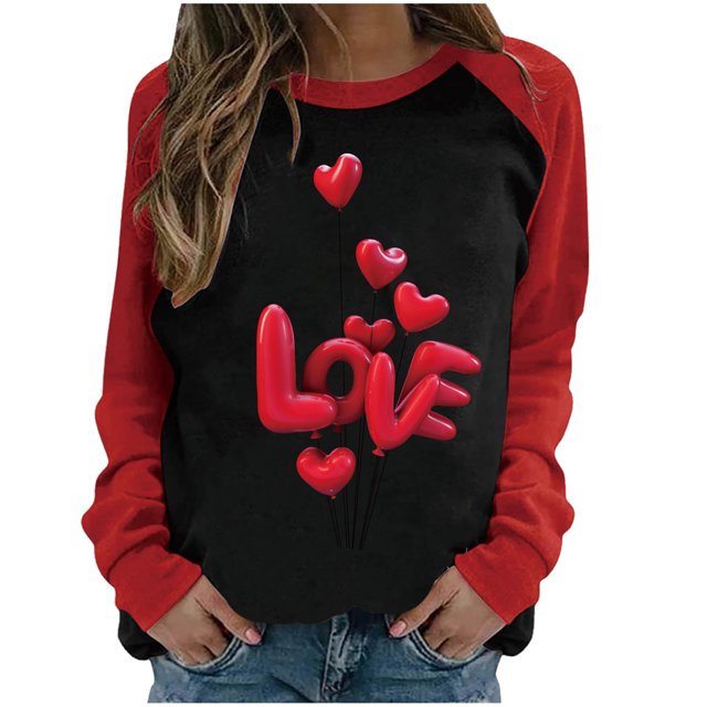 Meichang Chandail de la Saint-Valentin pour Femme, Mignon, Imprimé de Cœur d'Amour, Chandail à Enfiler, Hauts pour Femmes, Manches Longues, Col Rond, Chandails à Enfiler de la Saint-Valentin