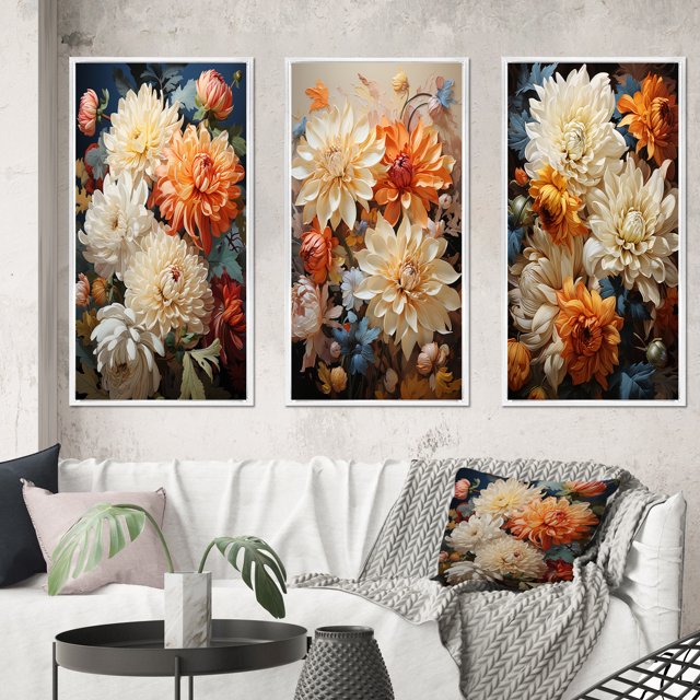 Designart "Chrysanthemums Autumn composition I" Floral & Botanical Framed Wall Art Set Of 3 - Beige Chrysanthemums Frame Gallery Set For Office Decor
