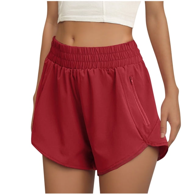 Plebaso Womens Athletic Running Shorts Elastic High Waist Activewear Workout Shorts with Zipper Pockets