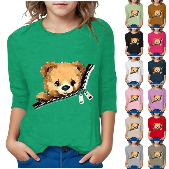 Feancey T-Shirts Décontractés à Manches 3/4 pour Filles, Mignons, Tunique à Col Rond Imprimée 3D, Hauts pour Enfants Coupe Ample en Coton, T-Shirt d'Été, Chandails à Enfiler, Liquidation de Printemps, Vert, 9 Ans