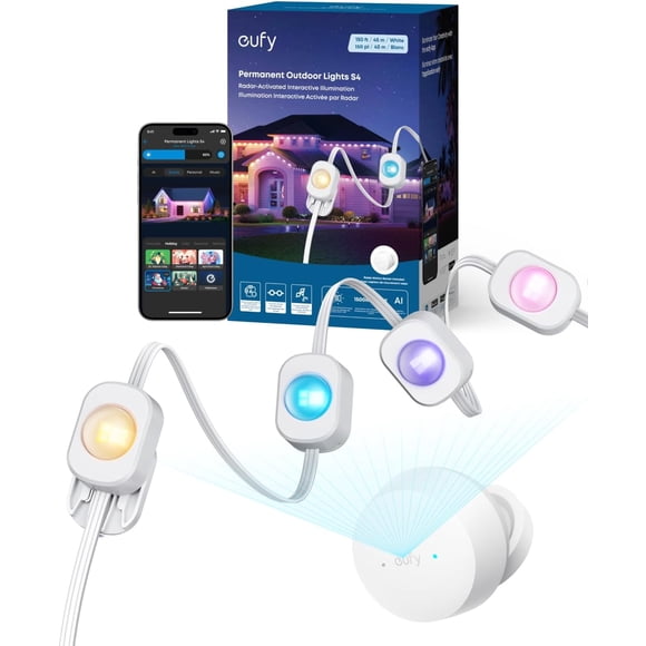 eufy Lumières Extérieures Permanentes S4, Lumières Activées par Radar, 150 Pi avec 72 DEL, Technologie de Mélange de Couleurs RVB+WW, Étanchéité IP67, Éclairage d'Ambiance Axé sur l'IA, Lumières Activées par la Matière, White1