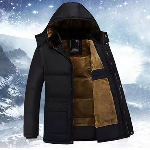 Maqroz Mens Fleece Lining Coat Full Zip Hooded Jacket with Pockets Casual Thermal Quilted Coat Fashion Solid Color Outerwear Fall Winter Keep Warm Overcoat