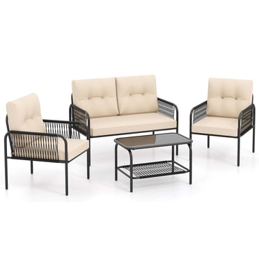 Costway 4 PCS Patio Furniture Set with Loveseat Tempered Glass Coffee Table & Soft Cushions
