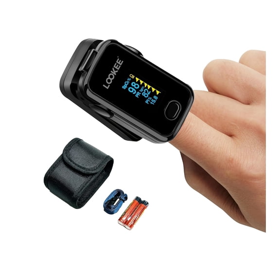 LOOKEE® A310 Oxymètre de Pouls Haut de Gamme pour Doigt / Conçu par une Fière Entreprise Canadienne / Précision de Qualité Médicale, Alarme et Indice de Perfusion / Étui de Transport et Piles / Version Noire