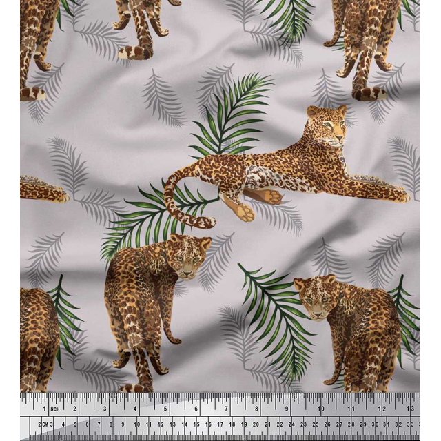 Soimoi Tissu Poly Georgette Feuilles & Léopard Imprimé Animal au Mètre 52 Pouces de Large