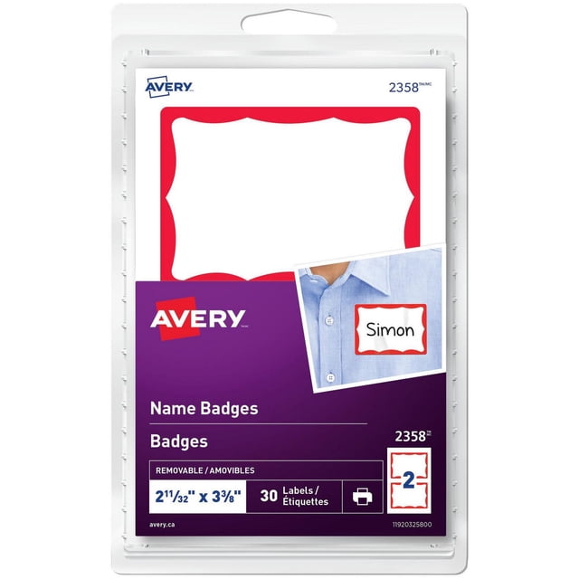 Avery Name Badge Labels for Laser or Inkjet Printers, 2 11/32" x 3⅜", red border, pack of 30 removable self-adhesive labels shown on packaging with example name tag on a blue shirt, ideal for creating professional name tags for office or events.