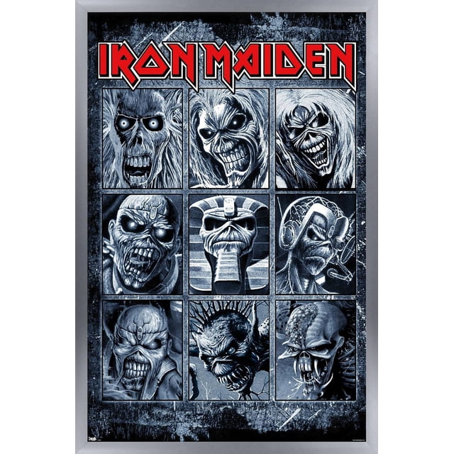 Iron Maiden - Affiche Murale à Carreaux, 22,375 Po x 34 Po, Présentant Neuf Panneaux Illustrés en Noir et Blanc de la Mascotte d'Eddie du Groupe dans Divers styles d'Horreur et de Fantaisie, Encadrée en Argent avec un Fond Texturé et Sombre, Convient pour Décorer des Chambres, des Bureaux Ou des Résidences Étudiantes.