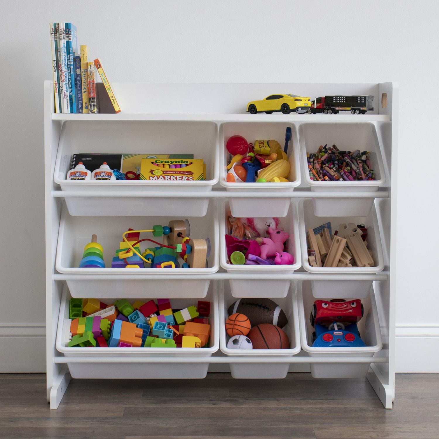 Système de rangement pour jouets avec tablette et 9 bacs de rangement, blanc
