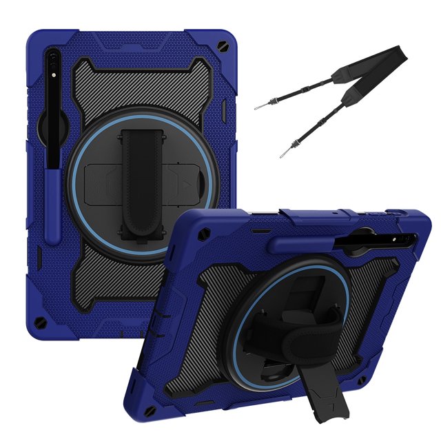 XYX 3in1 Rotating Stand Case for Samsung Galaxy Tab S7+/Tab S8+ 12.4 inch with Hand/Shoulder Strap, Shockproof Rugged, Navy Blue