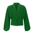thumbnail image 4 of CEHVOM Women Spring Casual Solid V Neck Lantern Long Sleeve Buttons Pullover Blouse Shirt Draw Back Short Tops, 4 of 5
