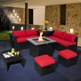 thumbnail image 2 of Patiojoy 9 Pieces Outdoor PE Rattan Wicker Sectional Sofa with 35-Inch Gas Fire Pit Table Space-Saving Patio Conversation Set with Storage Box Red, 2 of 10