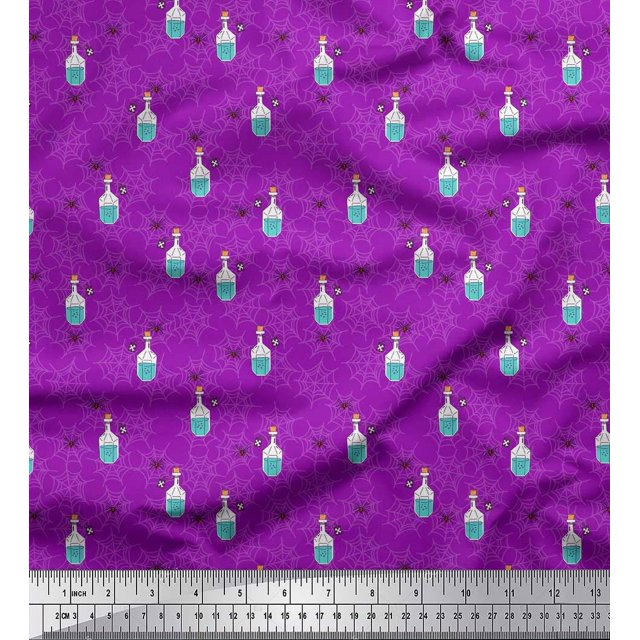 Soimoi Purple polyester Crepe Fabric Spider,Web & Vintage Bottle Print Sewing Fabric Yard 52 Inch Wide