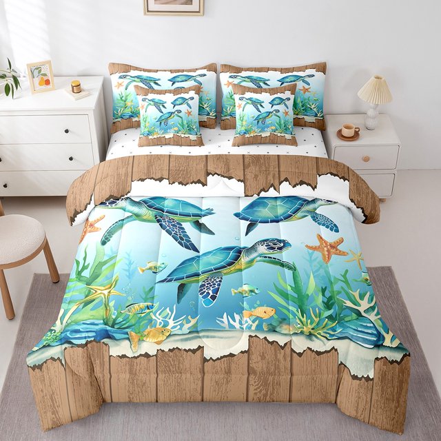 YST Cute Sea Turtle Bedding Set, 7-Piece, King Size, Ocean Theme