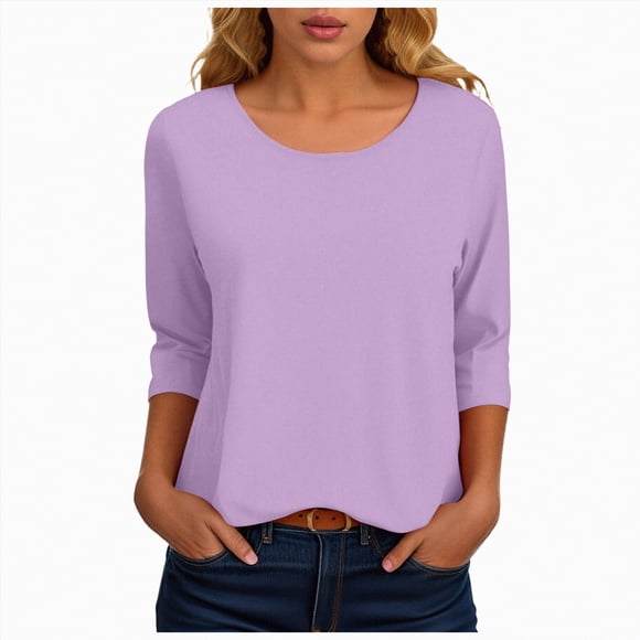 WUANDIXFA Women Tops Long Sleeve Shirts Womens Casual 3/4 Sleeve T Shirts Round Neck Cute Tunic Tops Basic Tees Blouses Loose Fit Pullover Light Purple,L