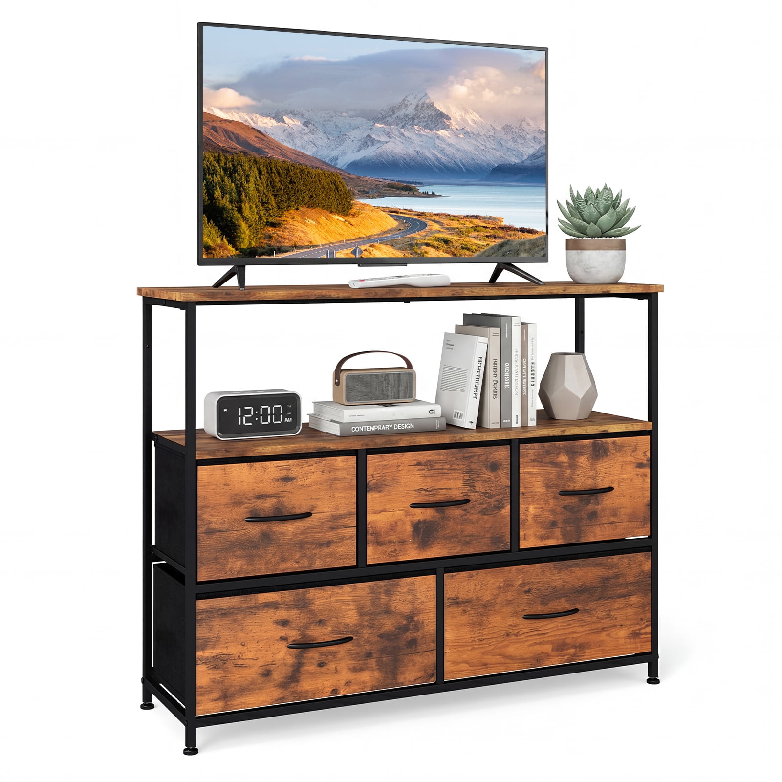 Gymax Meuble TV commode pour téléviseur de 45 po 5 tiroirs en tissu Centre de divertissement avec étagère ouverte