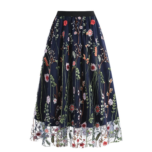 Birdeem Womens Spring and Summer New Retro Slim Mesh Embroidery Half-Body Skirt