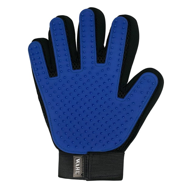 Wahl Dog De-Shedding Grooming Glove in blue with soft silicone tips on the palm side for capturing loose dog fur, breathable black mesh fabric on the back, and an adjustable black Velcro wrist strap with the Wahl logo, designed for all coat types and providing a gentle massage while grooming.