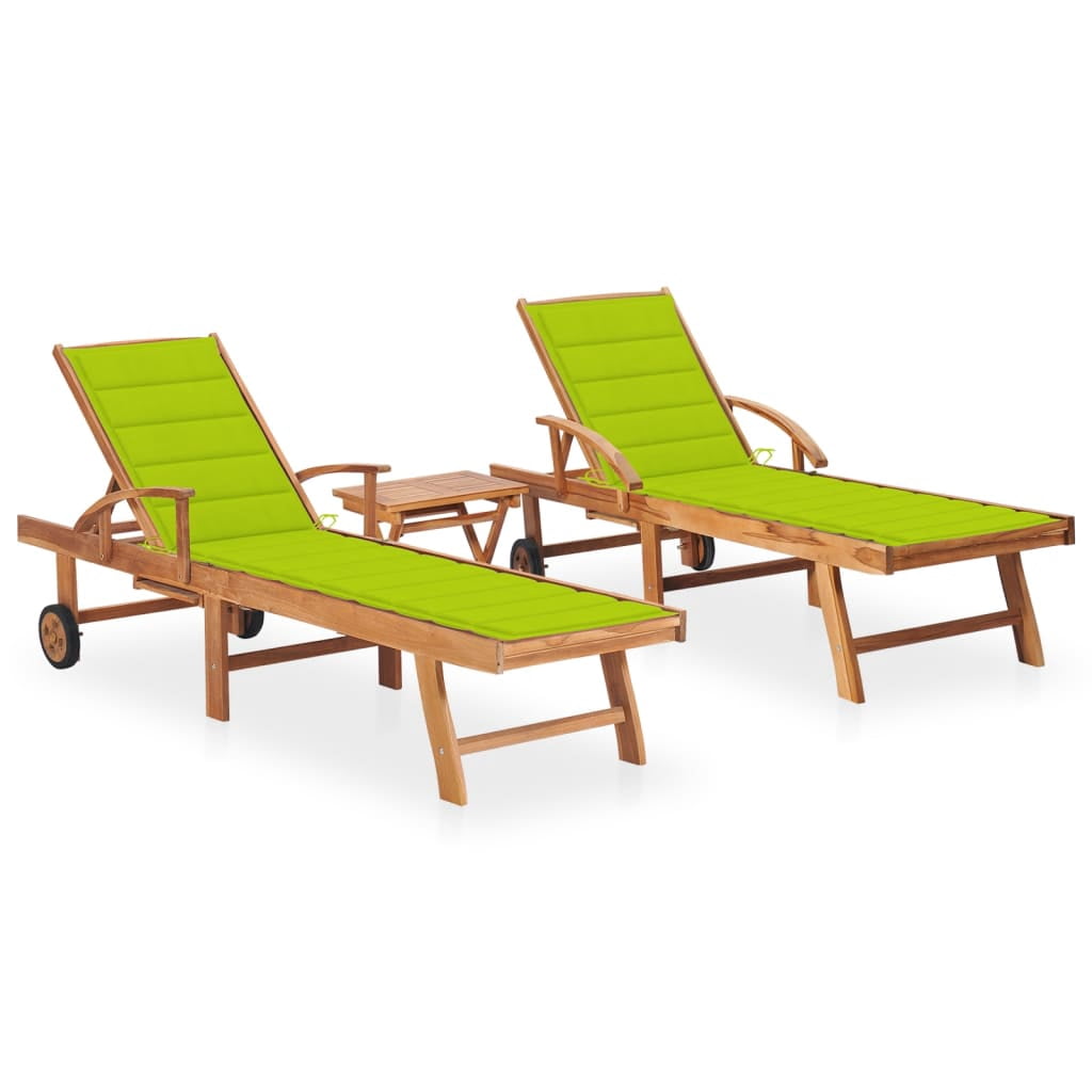 vidaXL Chaises Longues 2 Pcs avec Table et Coussin en Bois de Teck Massif