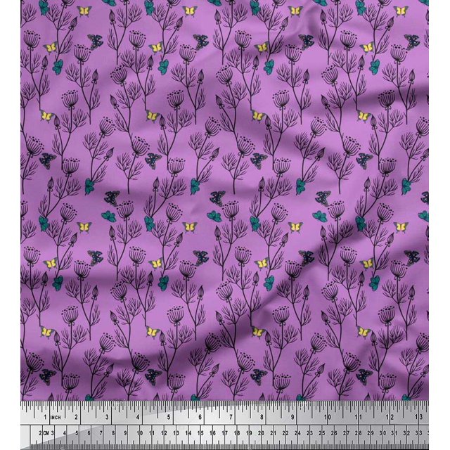 Soimoi Purple Polyester Crepe Fabric Insect & Floral Artistic Print Fabric by The Yard 42 Inch Wide
