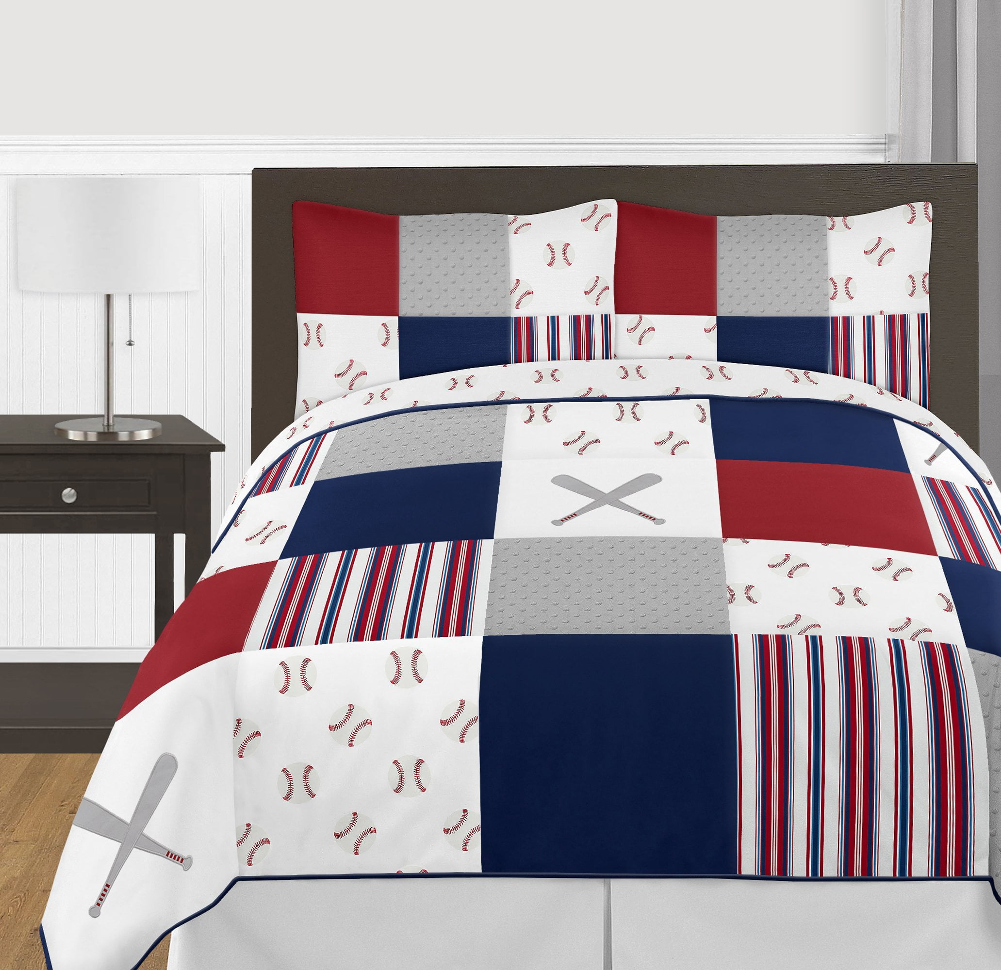Sweet Jojo Designs Red, White and Blue Baseball Patch Sports Boy Full/Queen Kid Teen Bedding Comforter Set - 3 Pieces - Grey Patchwork Stripe